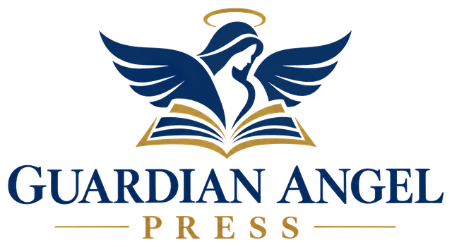 The Guardian Angel Press crest: an angel with a halo rising from an open book.