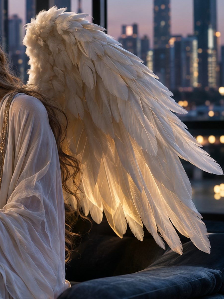 Close view of the angel's right wing, lit gold from within, against the dusk skyline.